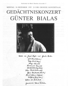 Handplakat zum Gedächtniskonzert für Günter Bialas am 18. Dezember 1995